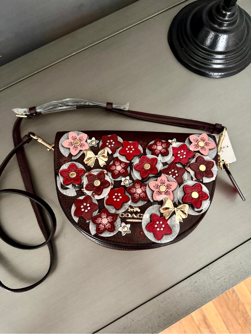 Coach Floral Appliqué Saddle Crossbody Bag in Burgundy with Pink and Red Accents - Picture 4 of 8